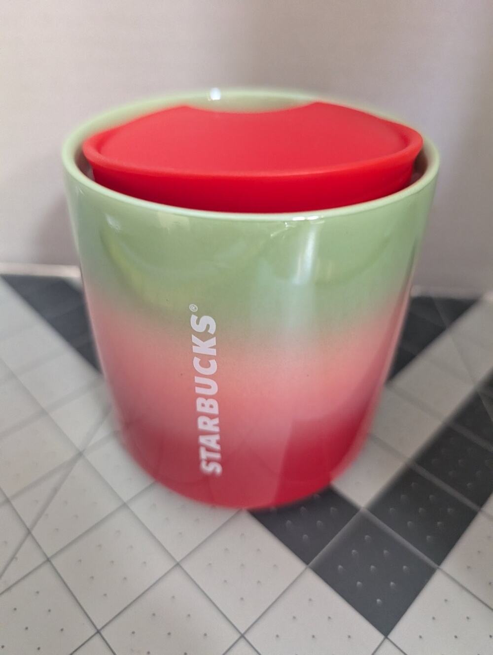 Starbucks Ombre Green Red Ceramic Travel Mug 8 oz With Red Silicone Lid Hand